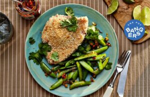 Pan-Seared Sesame Swordfish with Blistered Snap Peas and Chili Crisp